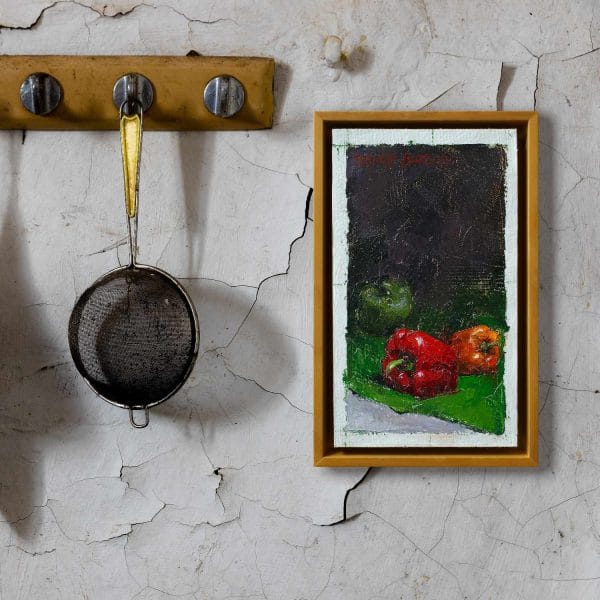 An oil painting of a red, orange and green peppers on a contrasting background of bright green and dark violet invite you to see colorful vegetables a new way as displayed on an interior wall.