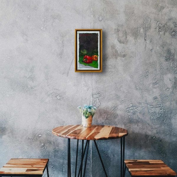 An oil painting of a red, orange and green peppers on a contrasting background of bright green and dark violet invite you to see colorful vegetables a new way as displayed on an interior wall.
