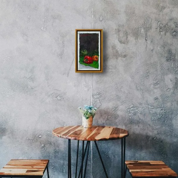 An oil painting of a red, orange and green peppers on a contrasting background of bright green and dark violet invite you to see colorful vegetables a new way as displayed on an interior wall.