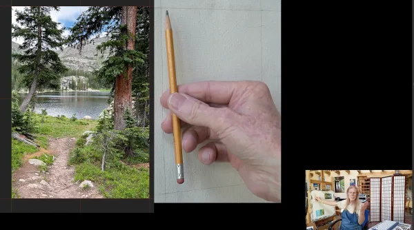 Video keyframe showing a landscape subject, canvas on easel and narrator.