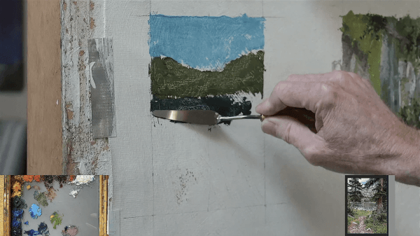 Video keyframe of a landscape oil painting in process