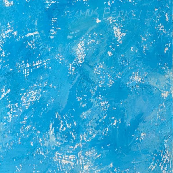 Detail of an oil painting of a Spanish colonial style white building with red tile roof juxtaposed below a bright blue sky.