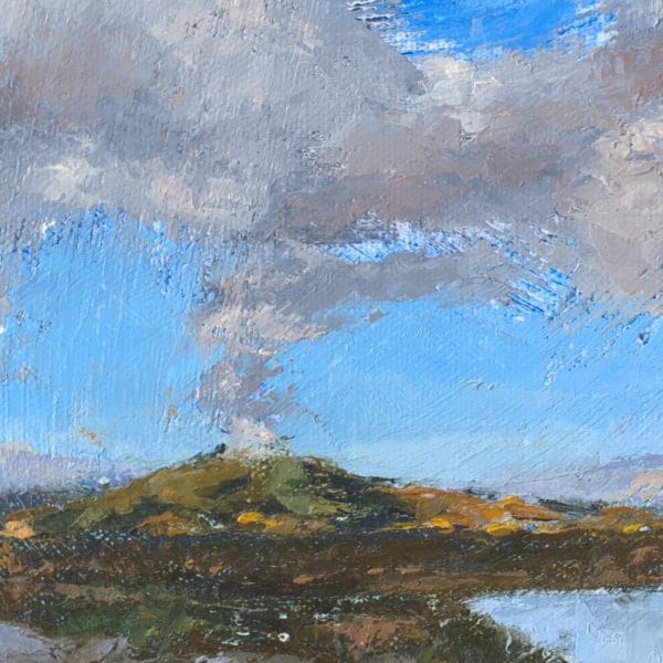 Detail of an oil painting of white puffy clouds in a deep blue sky rising above the Cerro Pedernal, near Ghost Ranch, Abiquiu, almost seem as if the clouds emerge from this ancient volcanic formation in this landscape of water, mountains, clouds, and sky.