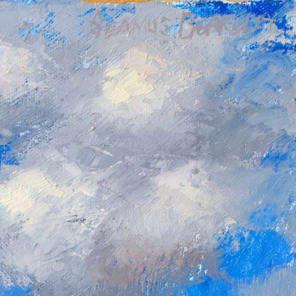 Detail of an oil painting of white puffy clouds in a deep blue sky rising above the Cerro Pedernal, near Ghost Ranch, Abiquiu, almost seem as if the clouds emerge from this ancient volcanic formation in this landscape of water, mountains, clouds, and sky.