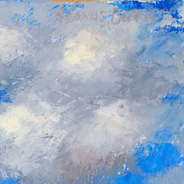Detail of an oil painting of white puffy clouds in a deep blue sky rising above the Cerro Pedernal, near Ghost Ranch, Abiquiu, almost seem as if the clouds emerge from this ancient volcanic formation in this landscape of water, mountains, clouds, and sky.