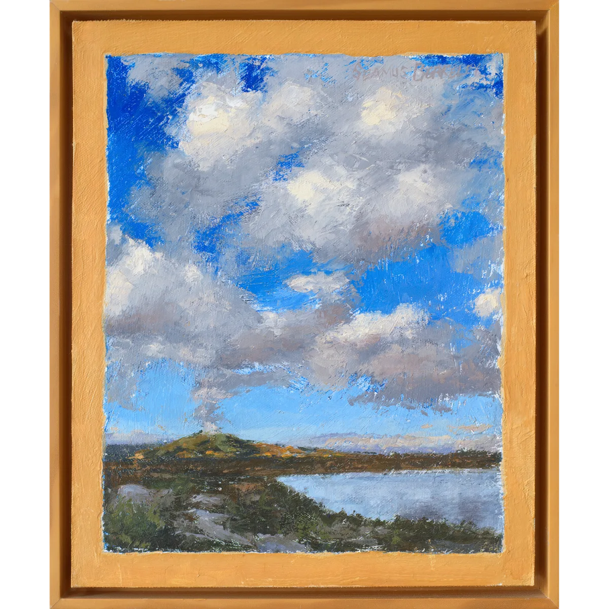 An oil painting of white puffy clouds in a deep blue sky rising above the Cerro Pedernal, near Ghost Ranch, Abiquiu, almost seem as if the clouds emerge from this ancient volcanic formation in this landscape of water, mountains, clouds, and sky.