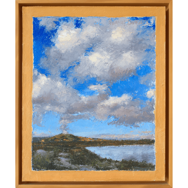 An oil painting of white puffy clouds in a deep blue sky rising above the Cerro Pedernal, near Ghost Ranch, Abiquiu, almost seem as if the clouds emerge from this ancient volcanic formation in this landscape of water, mountains, clouds, and sky.
