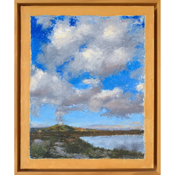 An oil painting of white puffy clouds in a deep blue sky rising above the Cerro Pedernal, near Ghost Ranch, Abiquiu, almost seem as if the clouds emerge from this ancient volcanic formation in this landscape of water, mountains, clouds, and sky.