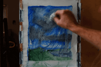 An oil painting of white puffy clouds in a deep blue sky rising above the Cerro Pedernal, near Ghost Ranch, Abiquiu, almost seem as if the clouds emerge from this ancient volcanic formation in this landscape of water, mountains, clouds, and sky.