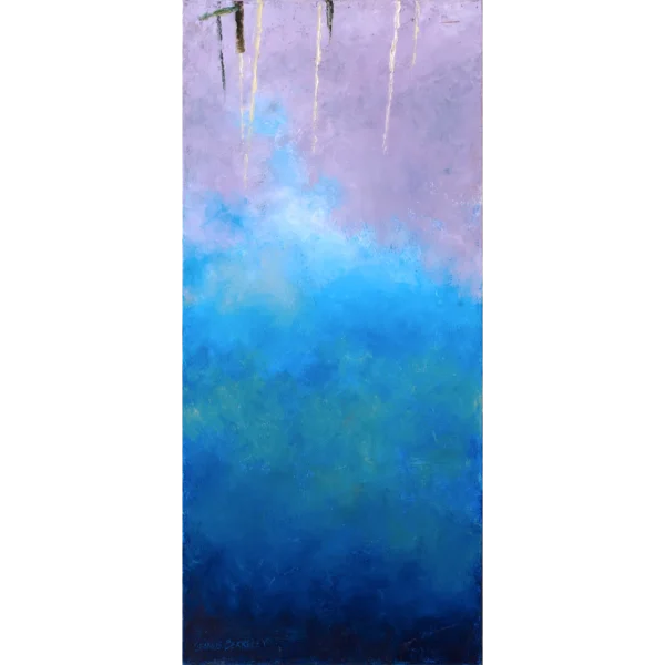 An oil painting of abstract shapes of blue, green and violet colors created by reflections of the sky, clouds, and surroundings in the Berkeley Marina in Berkeley, California.