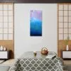 An oil painting of the water and how it created abstract shapes of the reflected surroundings in the Berkeley Marina in Berkeley, California as displayed on an interior wall.