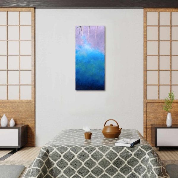 An oil painting of the water and how it created abstract shapes of the reflected surroundings in the Berkeley Marina in Berkeley, California as displayed on an interior wall.