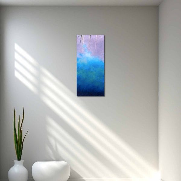 An oil painting of the water and how it created abstract shapes of the reflected surroundings in the Berkeley Marina in Berkeley, California as displayed on an interior wall.