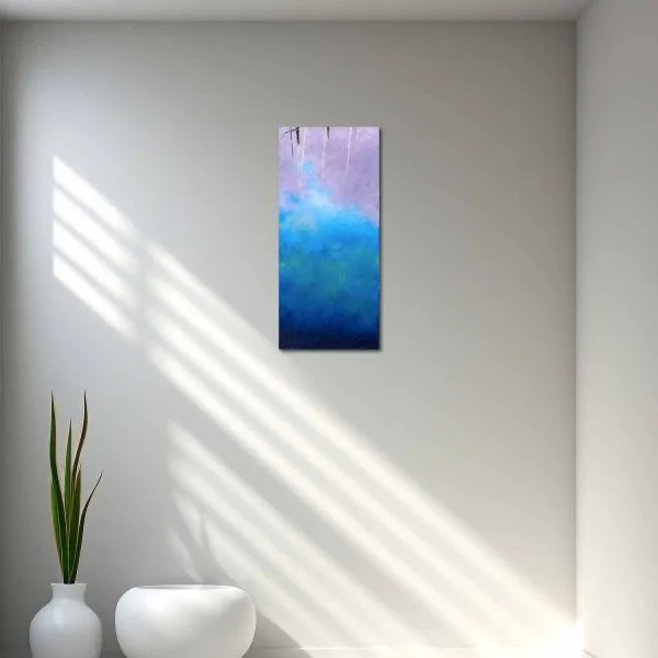An oil painting of the water and how it created abstract shapes of the reflected surroundings in the Berkeley Marina in Berkeley, California as displayed on an interior wall.