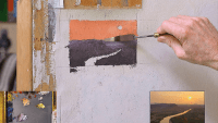 Image of a short time lapse of an oil painting study of the sun rising in a pink sky above a river on a purple mesa.