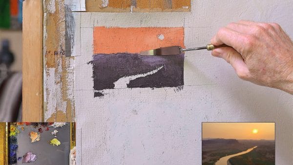 Image of a short time lapse of an oil painting study of the sun rising in a pink sky above a river on a purple mesa.
