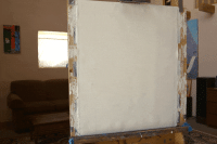 Time lapse of a landscape painting of a full moon rising in a pink, yellow and red evening above a plain with purple mountains by Seamus Berkeley