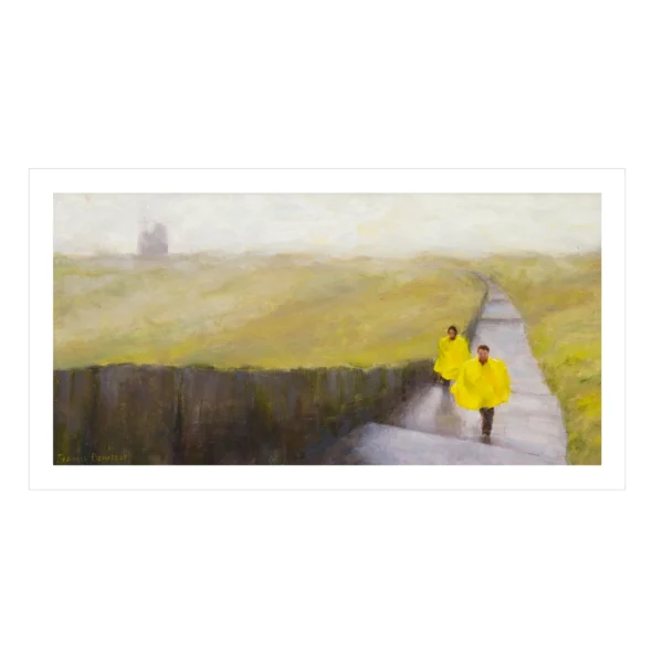 Image of an oil painting of two figures in bright yellow rain coats walking in the rain and mist at the Cliffs of Moher in Ireland with the soft silhouette of a castle ruin in the background.