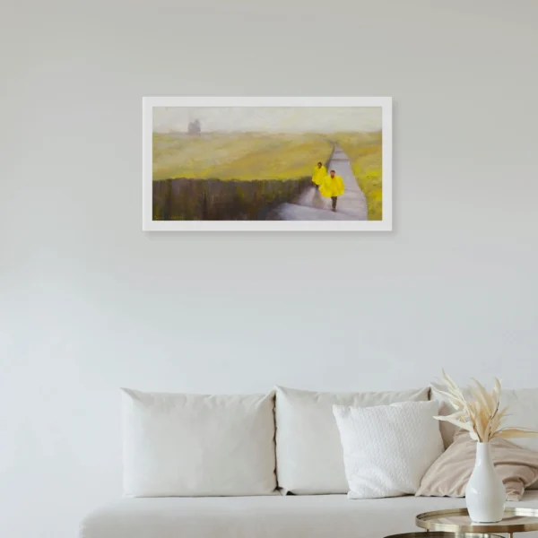 Image of an oil painting of two figures in bright yellow rain coats walking in the rain and mist at the Cliffs of Moher in Ireland with the soft silhouette of a castle ruin in the background displayed on a wall in a home setting.