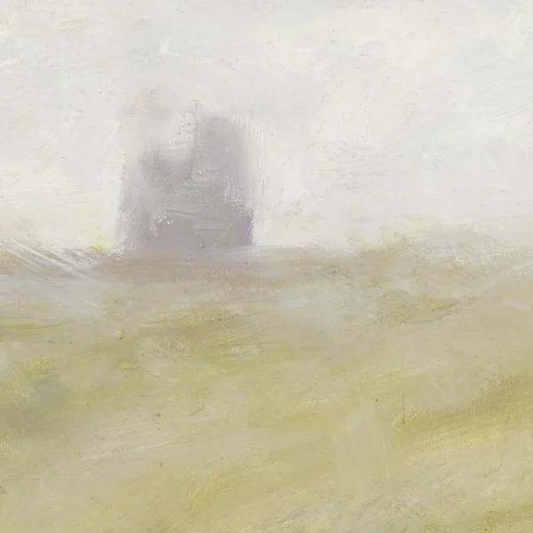 Detail of an oil painting of two figures in bright yellow rain coats walking in the rain and mist at the Cliffs of Moher in Ireland with the soft silhouette of a castle ruin in the background.