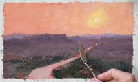 Keyframe for video of a landscape oil painting with orange sky, yellow sun, purple mesas, and bright river.