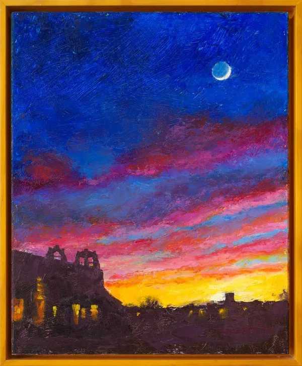 Oil painting of the moon in a yellow, red, and violet evening sky above the silhouettes of buildings around the plaza of Taos, New Mexico.