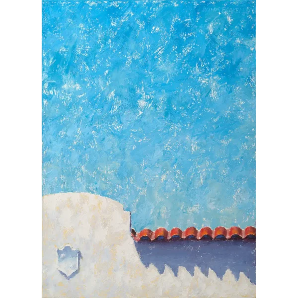 An oil painting of a Spanish colonial style white building with red tile roof juxtaposed below a bright blue sky.