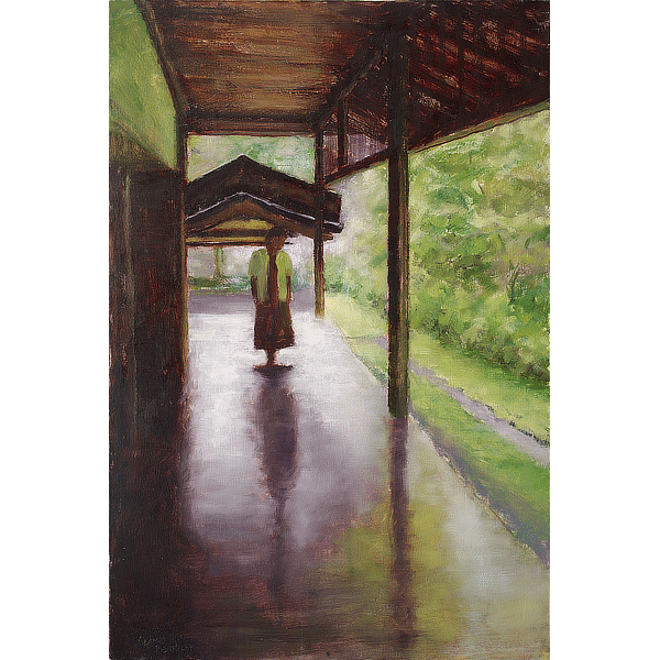 An oil painting of The Ryōan-ji, The Temple of the Dragon at Peace, in Kyoto, Japan is a world-famous Zen temple and garden. The calm permeates the UNESCO World Heritage Site. On a side of the temple, away from the dry, pebble garden, a practitioner carried the same serenity of the setting. This painting captures a visual representation of the tranquil atmosphere.
