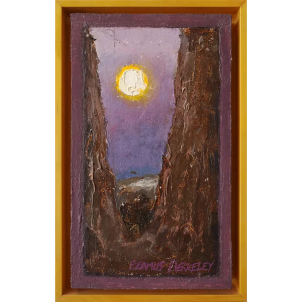 An oil painting of a bright white full moon in a voilet evening sky above distant mountains viewed between the fork of two trunks of a dark brown tree.