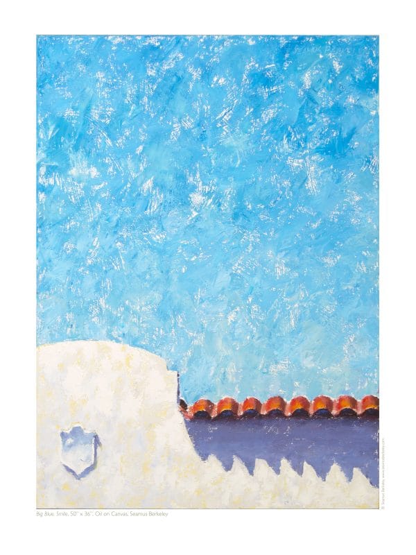 Detail of an oil painting of a Spanish colonial style white building with red tile roof juxtaposed below a bright blue sky.