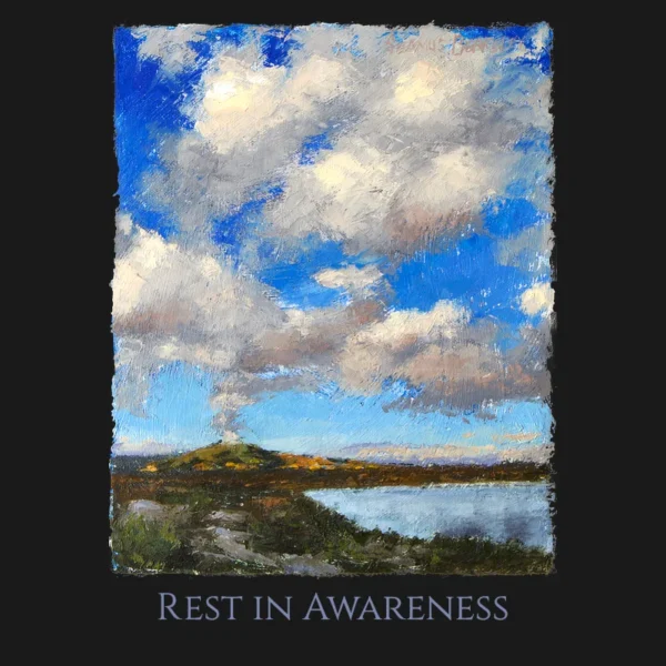 'Rest in Awareness' poster of an oil painting of white puffy clouds in a deep blue sky rising above the Cerro Pedernal, near Ghost Ranch, Abiquiu, almost seem as if the clouds emerge from this ancient volcanic formation in this landscape of water, mountains, clouds, and sky.