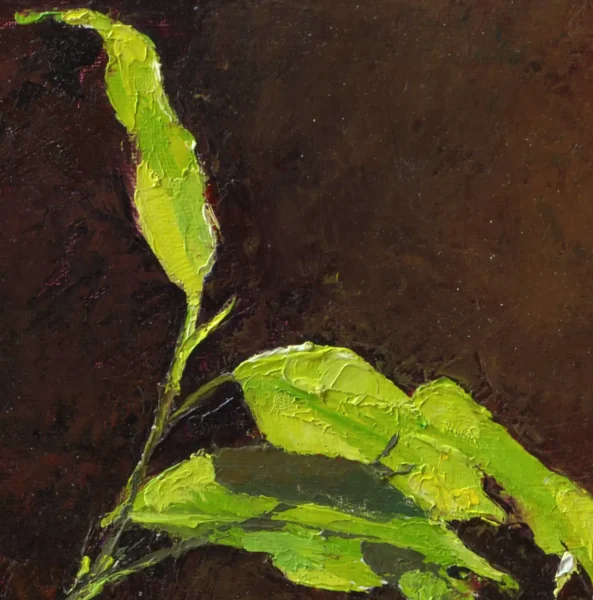 Detail of an oil painting of bright sunlight shining through a window brightly illuminating these green leaves while leaving the warm dark background in shadow.