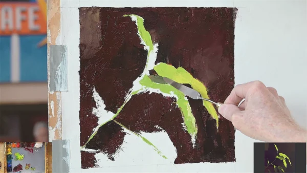 Poster frame for Experiencing Awe in Leaves in Morning Light video showing a painting knife applying paint to a canvas of a work-in-progress of an oil painting of bright green leaves against a warm dark background.