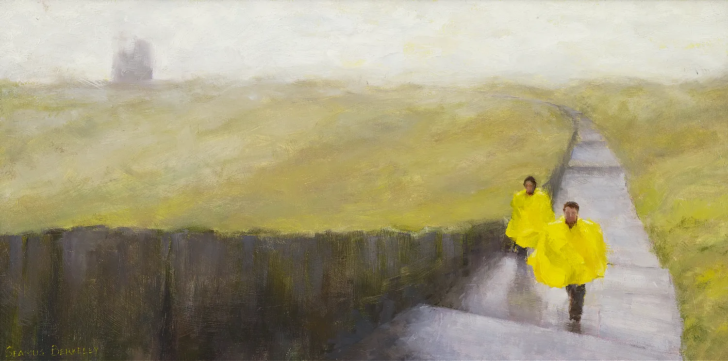 Image of an oil painting of two figures in bright yellow rain coats walking in the rain and mist at the Cliffs of Moher in Ireland with the soft silhouette of a castle ruin in the background.