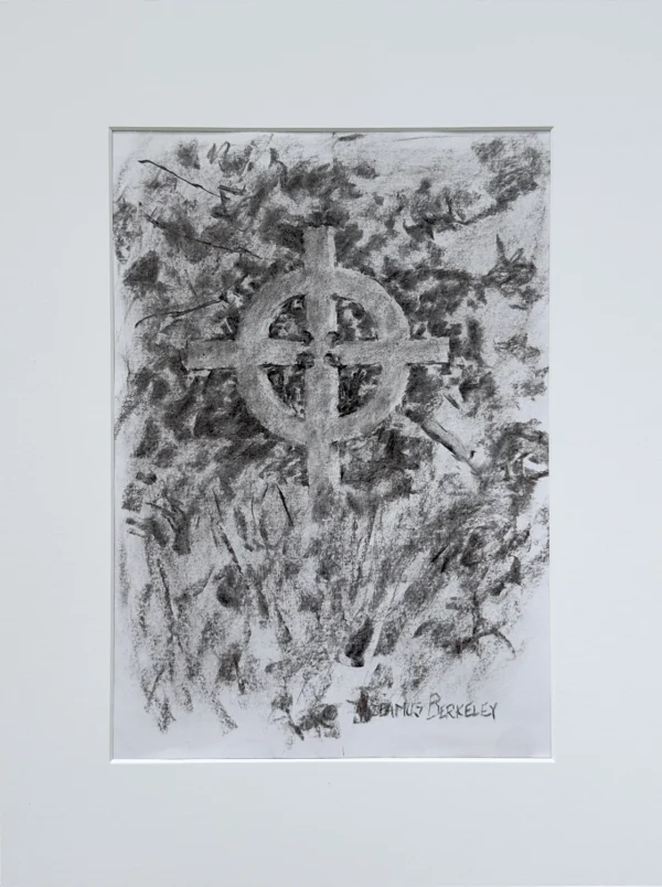 Charcoal sketch of a Celtic cross in the Old Ballinacurra graveyard surrounded by trees, leaves and grasses.