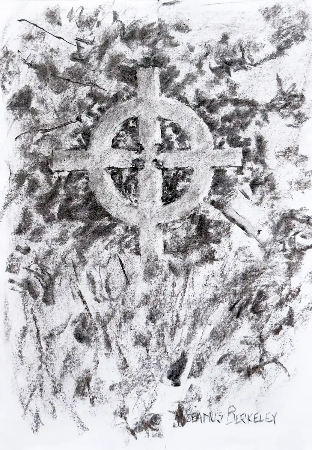 Charcoal sketch of a Celtic cross in the Old Ballinacurra graveyard surrounded by trees, leaves and grasses.