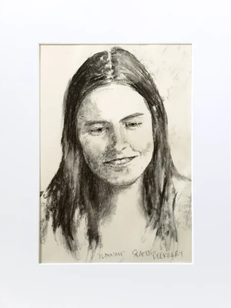 Image of a charcoal portrait drawing of a young woman with long hair looking down.