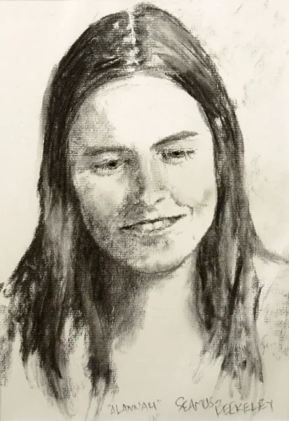Image of a charcoal portrait drawing of a young woman with long hair looking down.