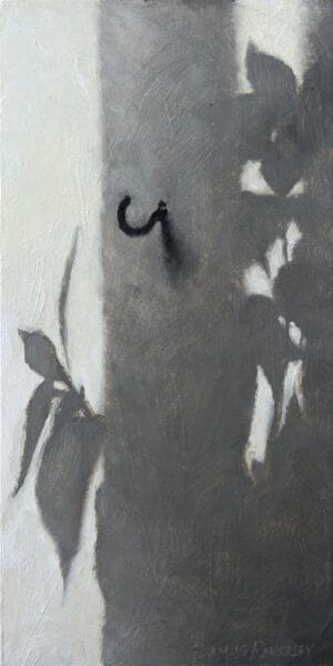 An oil painting of shadows of leaves on a white wall with a dark cup hook near the center of a shadow.