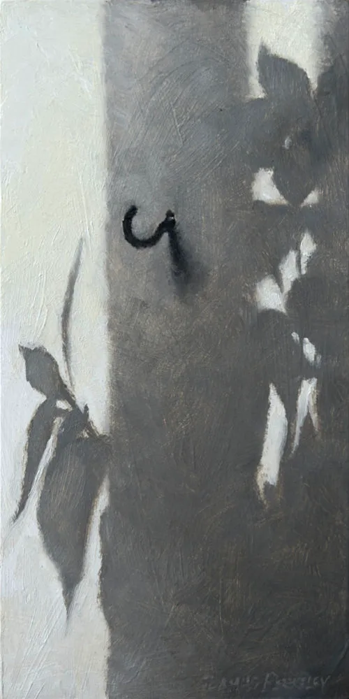 An oil painting of painting of shadows of leaves on a white wall with a dark cup hook near the center of a shadow.