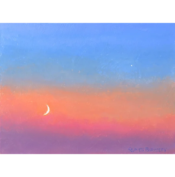An oil painting of a waxing moon in a pastel-colored sunset sky with brigthly light Venus nearby.