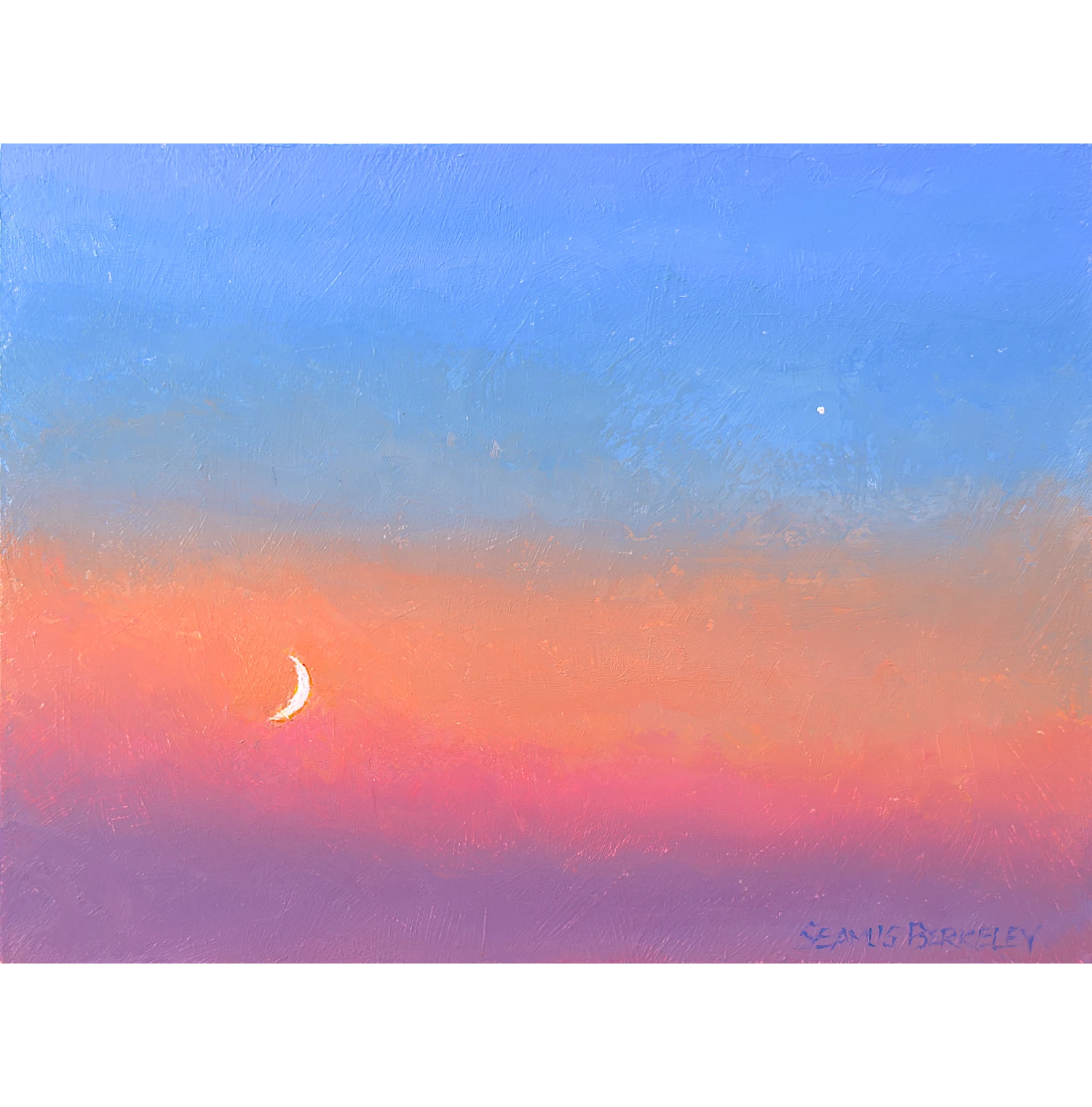An oil painting of a waxing moon in a pastel-colored sunset sky with brigthly light Venus nearby.