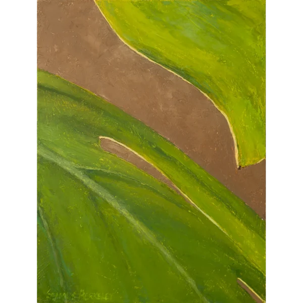 An oil painting of the bright yellow edges on the green leaves of a houseplant juxtaposed against a warm toned background.