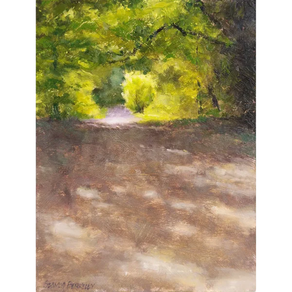 An oil painting of a brown path through a wooded area on sunny with the path covered in mottled shadows and distant green trees illuminated by the bright light.