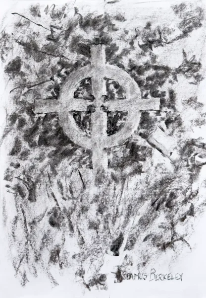 Charcoal sketch of a Celtic cross in the Old Ballinacurra graveyard surrounded by trees, leaves and grasses.