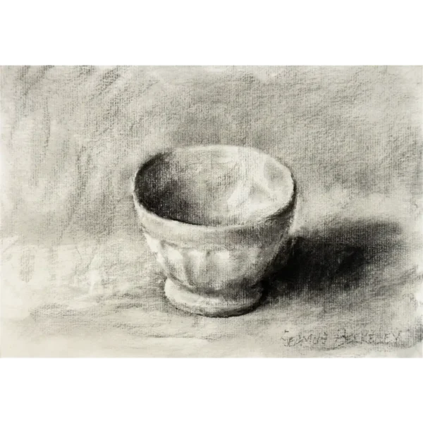 Image of a charcoal drawing of one white bowl on a grey fabric background.