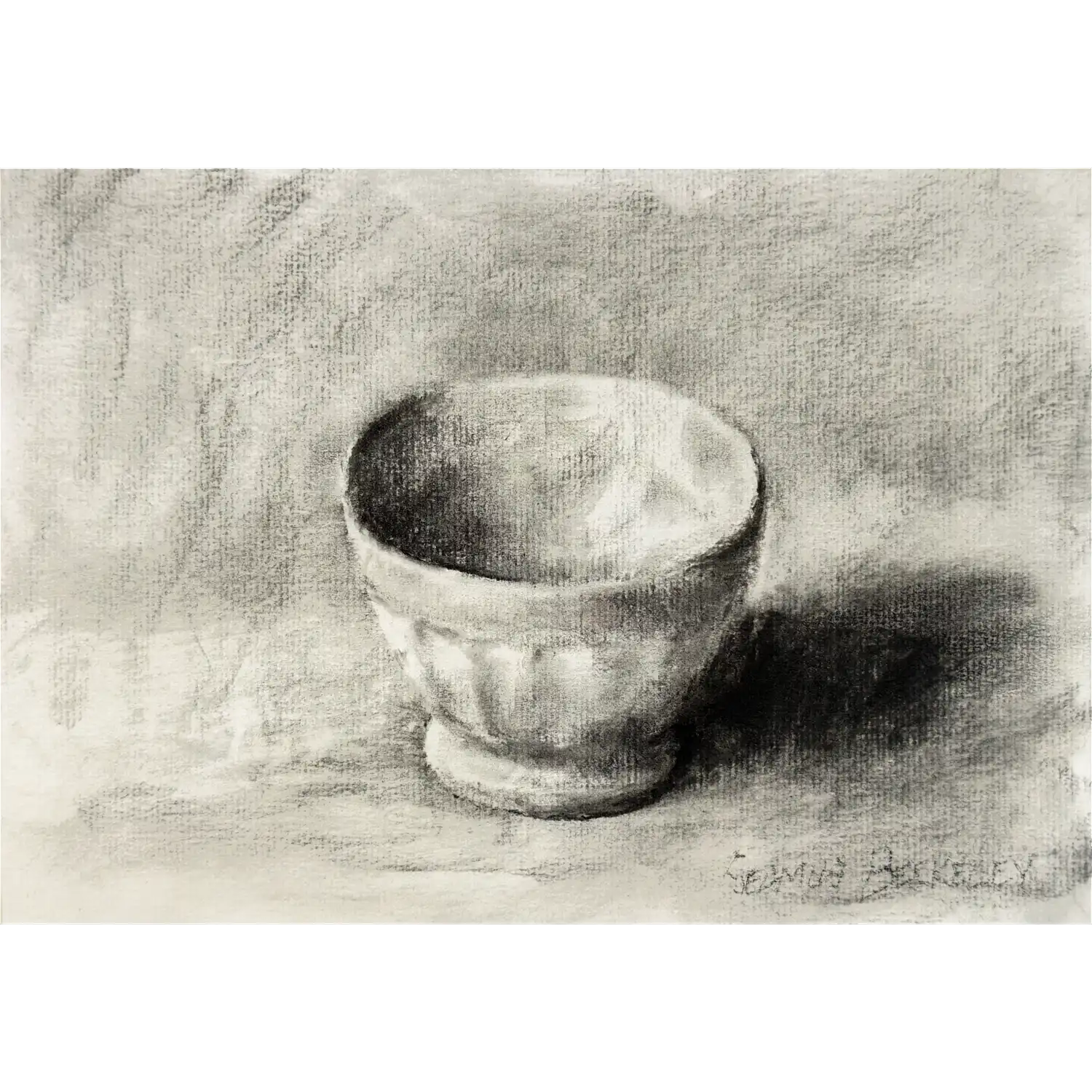 Image of a charcoal drawing of one white bowl on a grey fabric background.