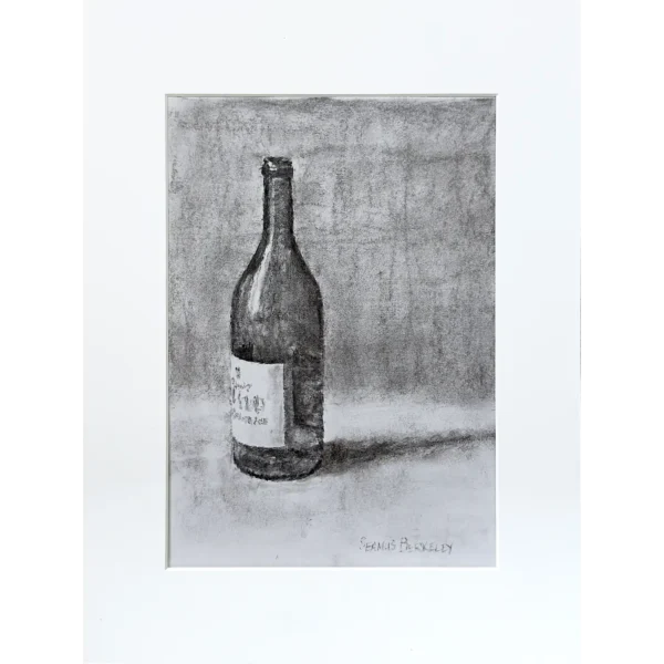 A charcoal drawing of one dark wine bottle on a white fabric with a grey background.