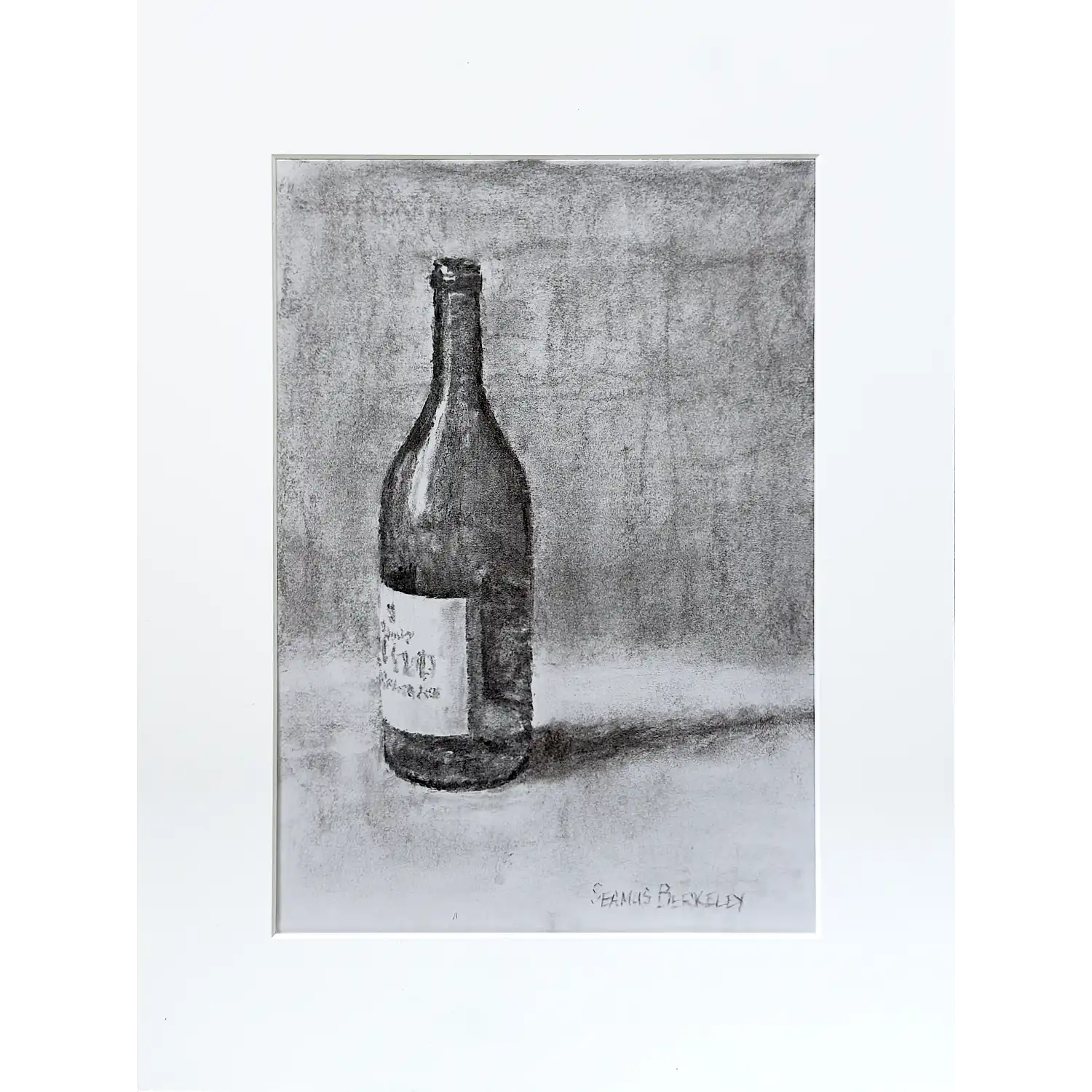 A charcoal drawing of one dark wine bottle on a white fabric with a grey background.