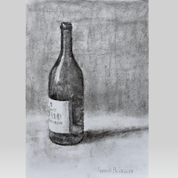 A charcoal drawing of one dark wine bottle on a white fabric with a grey background.